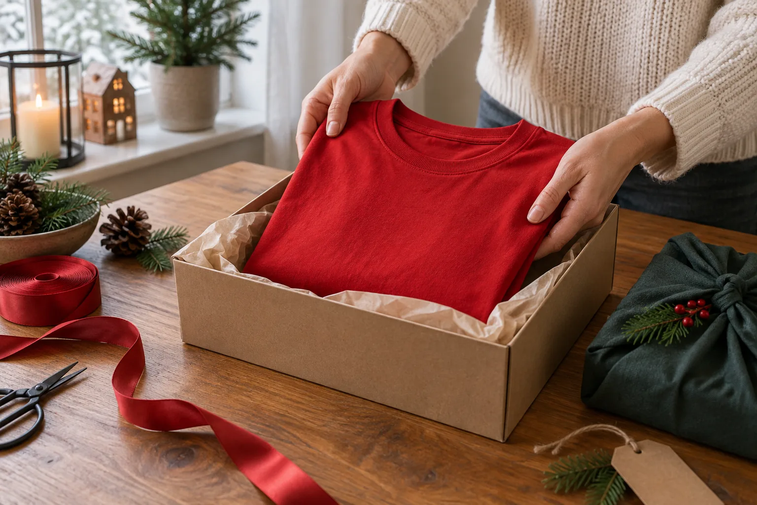 Symbolbild: Ein rotes T-Shirt wird als Weihnachtsgeschenk in eine Schachtel gelegt